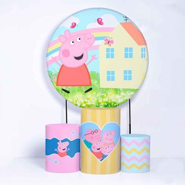 Imagem de Kit Painel de Festa Redondo de 1,30m e Trio de Cilindros Peppa Pig - Fera Print