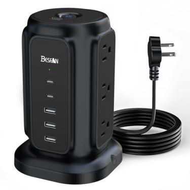 Imagem de BESFAN Régua De Tomada De Parede Com 9 Tomadas E 5 Portas Usb (2 Usb-C), Cabo De Extensão De 1625 W E 2 Metros Com Várias Tomadas, Protetor Contra Surtos De 1200 J Para Suprimentos De Escritório Dom