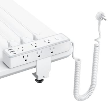 Imagem de NTONPOWER Filtro De Linha Com Braçadeira De Mesa, Cabo De Extensão Em Espiral De 3 Metros Com 9 Tomadas Ca E 3 Portas Usb, Protetor Contra Surtos De 1200 J Com Plugue Plano, Montável, Adequado Para