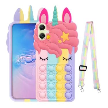 Imagem de nancheng Capa para celular Samsung Galaxy A05 meninas mulheres bonito desenho animado silicone bolha push pop brinquedos engraçados com cordão de alça capa protetora à prova de choque - arco-íris