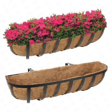 Imagem de HUNIKC 24 polegadas, 2 pacotes, caixas de janela de plantas, trilhos e suportes ajustáveis para varanda, cerca, pátio, varanda, cestas de flores penduradas com forros de coco para decoração de jardim