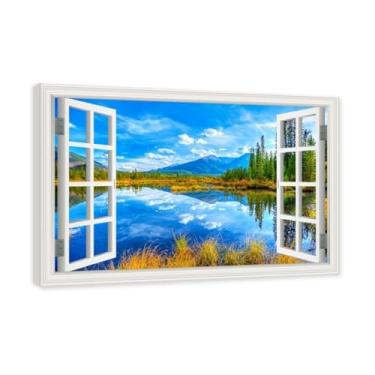 Imagem de PY3H69 Arte de parede em tela de janela aberta, impressão natural em tela. Lindo cenário de montanha 10 cm, decoração de parede de paisagem de janela, decoração de casa moderna. Moldura interna de 70