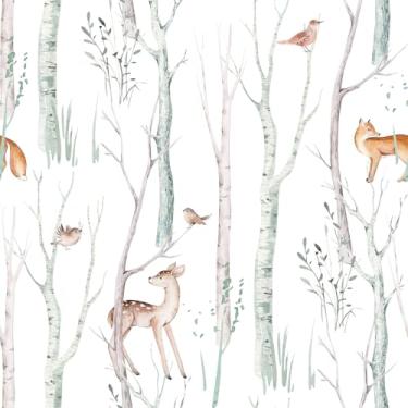 Imagem de VaryStyle Papel de parede florestal da floresta descasque e cole fada veado/raposa/pássaro/árvore animais papel de contato para armários mural de parede de berçário adesivo removível bonito papel de