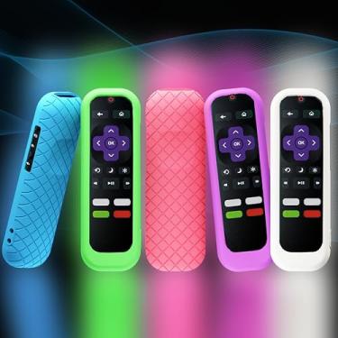 Imagem de GMXT Pacote com 5 capas de silicone para controle remoto Roku, capa para Hisense/TCL Roku TV Steaming Stick/Express controle universal de substituição capa de silicone pele que brilha no escuro (azul