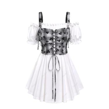 Imagem de ROSE GAL Rosegal feminino plus size gótico ombro vazado medieval renascentista sob o busto espartilho camisa top painel de renda renda assimétrica top túnica top (branco_3/G)