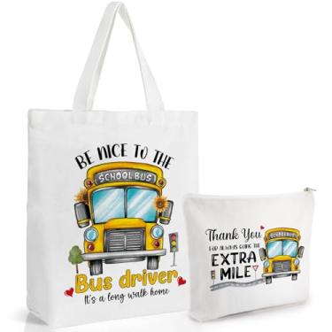 Imagem de VeloKomo Sacola para motorista de ônibus – 2 peças, sacolas de lona, presentes de agradecimento, reutilizáveis, acessórios de compras com conjunto de bolsa de maquiagem, presente personalizado para