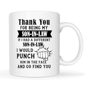 Imagem de MAUAG Caneca de café engraçada genro - 325 ml cerâmica, humorística "Thank You for Being My Son-In-Law", piada de soco no rosto, presente do pai/sogra, humor sarcástico para a família