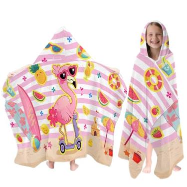 Imagem de Toalha de praia com capuz flamingos para crianças, toalhas com capuz rosa para crianças 76 x 127 cm, toalhas de praia infantis para piscina, viagens, natação, toalha de banho vestível para meninos