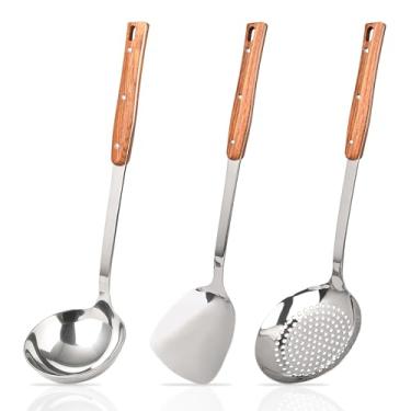Imagem de FJNATINH Conjunto de 3 utensílios de cozinha de aço inoxidável com cabo de madeira, espátula wok, concha e colher de escumadeira para virar, cozinhar, servir, sopa, escorrer