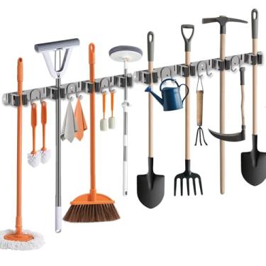 Imagem de GUUKAR Suporte de parede para vassoura, 2 unidades, organizador de ferramentas de aço inoxidável prateado para cozinha, jardim, garagem, lavanderia, banheiro e trailer, com 4 compartimentos, 6 ganchos