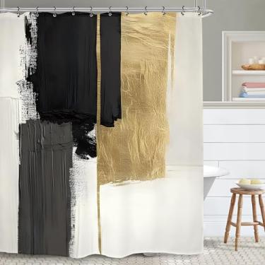 Imagem de Yookeb Cortina de chuveiro abstrata moderna para banheiro 152 cm x 188 cm minimalista, moderna, contemporânea, geométrica, preta, arte estética, tecido de poliéster, 12 ganchos de plástico, decoração