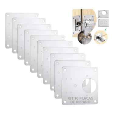 Imagem de Kit 10 Placas Para Consertar Dobradiça Armário Mdf Porta Reparo Aço + Kit Parafusos