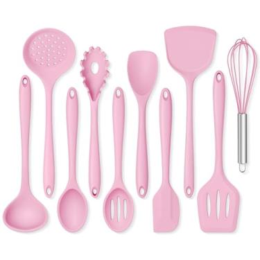 Imagem de Conjunto de utensílios de cozinha de silicone, Onader 10 peças, kit de utensílios de cozinha rosa para panelas antiaderentes