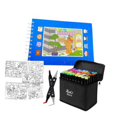 Imagem de Canetinha 60 Cores Com Livro De Pintar Ursinho Fofo 100 Paginas Capa Dura Caneta Ponta