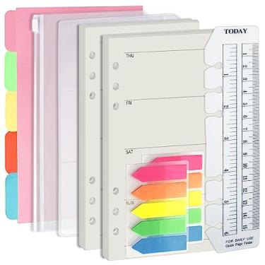 Imagem de Harphia A6 Conjunto de 6 Furos de Refil de Fichário, 90 Folhas de Inserção de Planejador Semanal, 5 Folhas de Papel Divisor, Régua de Hoje com Unidade de Polegadas, Saco de Zíper Translúcido, Saco de Cartão de Pvc, 200 Peças Adesivos Coloridos Índice 005Da6Week