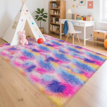 Imagem de TENNOLA Tapetes de área de arco-íris 1,5 x 2,4 m, unicórnio tingido com nó felpudo felpudo macio para quarto, sala de estar, tapete de chão interno, crianças, meninas, meninos, decoração de casa,