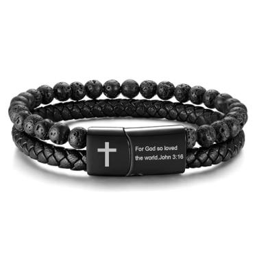 Imagem de MEALGUET Pulseiras masculinas inspiradoras com versículo bíblico, pulseira de contas de pedra vulcânica, pulseira de couro trançado equilibrada com fecho magnético, Small, Metal, Sem Pedra Preciosa