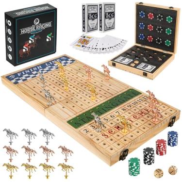 Imagem de Horse Racing Board Game - 23"x12" - Derby Classic Horse Race Game with 11 Premium Metal Horses - Foldable Wood Horse Game with Dice, 2 Packs of Cards & 60 Poker Chips - Natural Wood