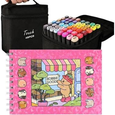 Imagem de Kit de Marcadores Artísticos 48 Cores com Ponta Dupla e Livro de Colorir, Estojo de Transporte, para Desenho e Arte (48) canetinha