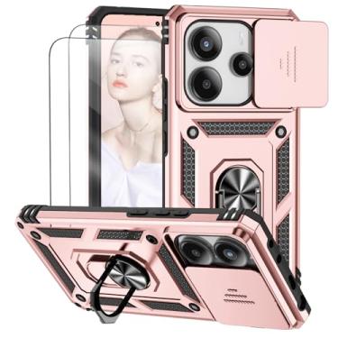 Imagem de Capa para Redmi Note 14 4G (Não aplicável a 5G) Capinha | com 2 peças de protetor de tela temperado com janela deslizante da câmera e suporte para telefone incluídos - Rosa