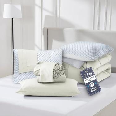 Imagem de Nestl Conjunto de edredom solteiro de 7 peças – cama reversível off-white em uma bolsa – Conjunto completo de cama de solteiro com lençóis, travesseiros refrescantes, fronha e fronha