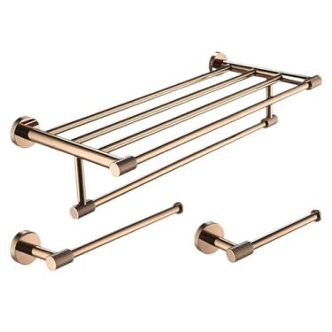 Imagem de Conjunto de banheiro em aço inoxidável 304 ouro rosa - barra de toalha e suporte para papel higiênico - kit completo para montagem em parede, conjunto de 3 peças B