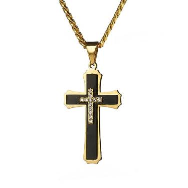 Imagem de Colar de cruz clássico para homens, prata, preto, ouro, aço inoxidável, crucifixo, cruz, crucifixo, joia religiosa, corrente de caixa de presente de 54 cm, standard, Aço inoxidável, Zircônia cúbica