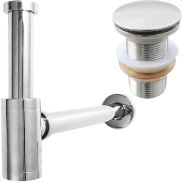 Imagem de Dona D Cor, Sifão Copo Cromado Metal e Valvula Click 1 1/4 Inox Brilhosa Kit Banheiro Luxo Ralo de Pia 40mm