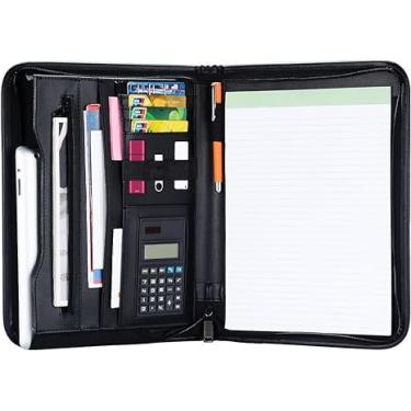Imagem de KUSCOR Pasta com zíper com calculadora, organizador de portfólio de couro PU preto, entrevista profissional retomar negócios para homens e mulheres, interior manga de mesa de 25 cm