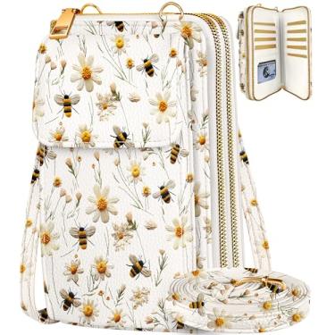 Imagem de Miss Adola Bolsa de telefone feminina – Lindas bolsas transversais, carteira para celular com alça ajustável, zíper e compartimentos para cartão, Flor branca