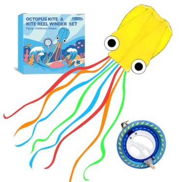 Imagem de Kaiciuss Conjunto De Pipa E Carretilha Octopus, Fácil Pilotar Para Viagens À Praia, Nice Winder Crianças Adultos, Estilo Sem Moldura Linha Única Com Kit Rodas 7,2" (Amarelo)