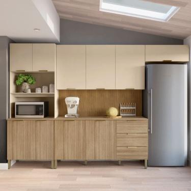 Imagem de Cozinha Completa 5 Peças 10 Portas 3 Gavetas com Tampo e Painel Ripado Central Glam Freijó/Vanilla/CP Ripado Freijó