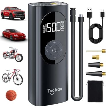 Imagem de Compressor de ar portátil para carro, motor grande 2x rápido, bombas de bicicleta Tccbac com medidor de alta pressão de 150 PSI e luz LED, bomba de ar elétrica de desligamento automático para carro