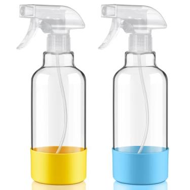 Imagem de Hethyo Frascos de spray de vidro com manga de silicone de 500 ml, pacote com 2 frascos de spray vazios para névoa de cabelo/spray de fluxo para soluções de limpeza, plantas, óleos essenciais (azul