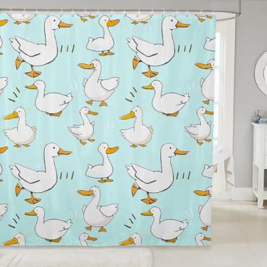 Imagem de Cortina de banho de desenho animado de pato, adorável ganso engraçado esboço azul cortina de chuveiro para crianças, meninos, linda cortina impermeável de animais de fazenda com ganchos para barracas