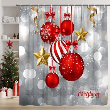 Imagem de Cortina de chuveiro de Feliz Natal vermelha bola de Natal prata férias de inverno flor de neve sonho feliz ano novo festival conjunto de cortina de banheiro com ganchos (177.8 cm WX70 H)