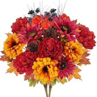 Imagem de HUAESIN Flores artificiais de outono, 2 peças, girassol de seda com peônia, cemitério de outono, arranjos de flores falsas, decoração de plantador de casa, ambientes internos e externos, decoração de