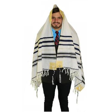 Imagem de Talit Messiânico Gadol Azul Escuro Dourado 110X160Cm -Israel
