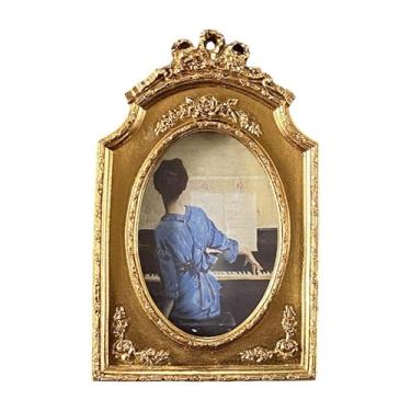 Imagem de IEUDNS Moldura de foto ornamentada, porta-retratos, design vintage, pequena moldura oval para pendurar ou em pé, para decoração de parede de mesa e casa