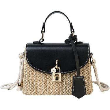 Imagem de Palha Crossbody Bolsa Para Mulheres Mão Tecido Bolsa De Ombro Couro Top Handle Pequena Bolsa Boho Rattan Praia Bolsas, Black-b, One Size