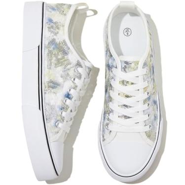 Imagem de kufeiti Tênis feminino branco bordado lantejoulas cano baixo tênis confortável casual moderno, Verde grama, 36