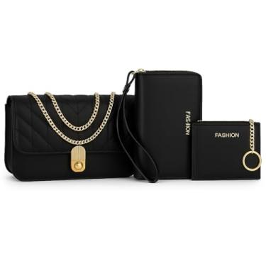 Imagem de Kit Bolsa feminina 3 em 1, Bolsa Transversal Matelassê com Alça Corrente Dourada, Carteira e Porta-Cartões, Acabamento Premium- Cor Preto