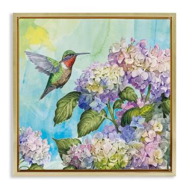 Imagem de Stupell Industries Design de arte de parede em tela flutuante com moldura dourada beija-flor e hortênsias por Tim Coffey, 45,7 x 45,7 cm