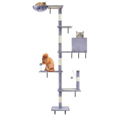 Imagem de Árvore de gato alta, torre de gatos do chão ao teto, prateleiras de parede para gatos de vários níveis, poste de arranhar montado na parede, com rede de condomínio para escalar, arranhar e brincar