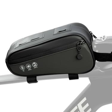 Imagem de OFFBONDAGE Bolsa triangular para quadro de bicicleta, bolsa de tubo superior resistente à água de 1,2 L com dois bolsos laterais, bolsa refletiva de armazenamento de ciclismo, suporte multiângulo para