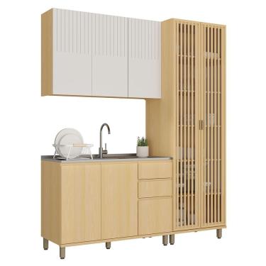 Imagem de Cozinha Compacta 100% Mdf 3 Pçs Cristaleira 190cm Aura Luci Carvalho Uv/Cinza Cristal