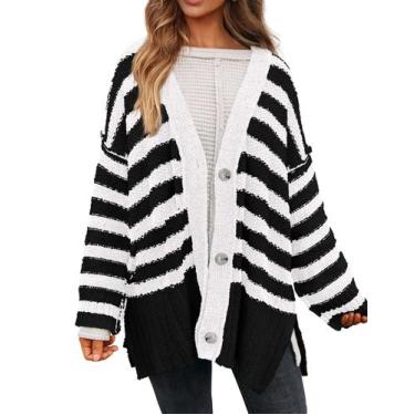 Imagem de Suéter de cardigã feminino PRETTYGARDEN listrado preto branco de algod