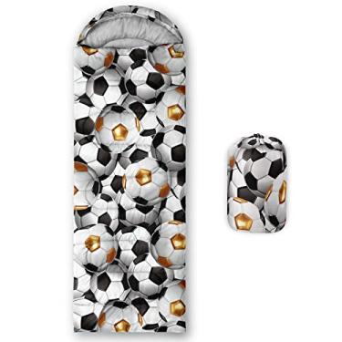 Imagem de QOOMO Sacos de dormir à prova d'água de desenho animado de futebol para adultos e crianças, sacos de dormir de acampamento impressos, clima quente e frio, viagens e ao ar livre, equipamentos de