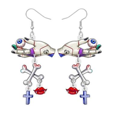 Imagem de DALANE Brincos de mão de zumbi gótico de acrílico para presentes de Halloween, engraçados, ossos cruzados, lábios de vampiro, joias góticas assustadoras peculiares para acessórios de fantasia de