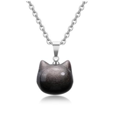 Imagem de Top Plaza Colar De Gato Com Cristal Obsidiana Prateado E Brilhante Para Mulheres, Pingente Fofo Pedra Preciosa Natural, Cristais Cura, Colares, Joias, Presentes, Proteção, Boa Sorte, Atração Dinheir